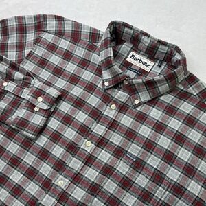 Barbour Shirt Mens 2XL Grey Red‎ Maroon Plaid Soft Flannel Tailored Fit